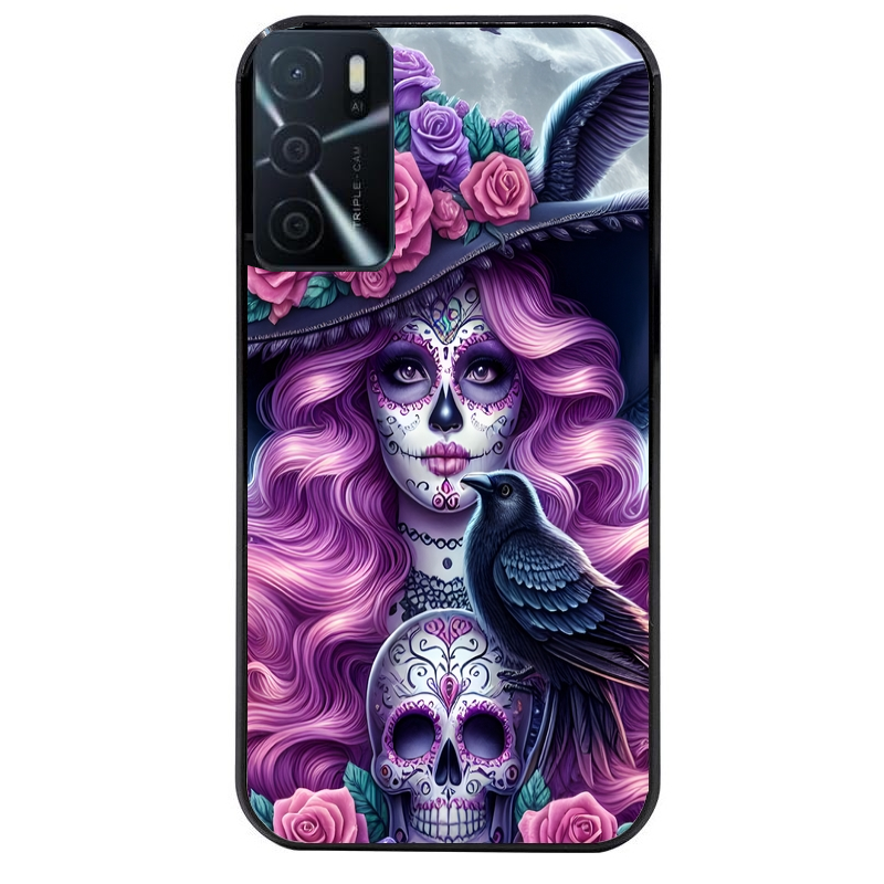 Coque noire taperso pour OPPO A16 et A16S avec motif tete de mort calavera et corbeau protection antichoc personnalisée