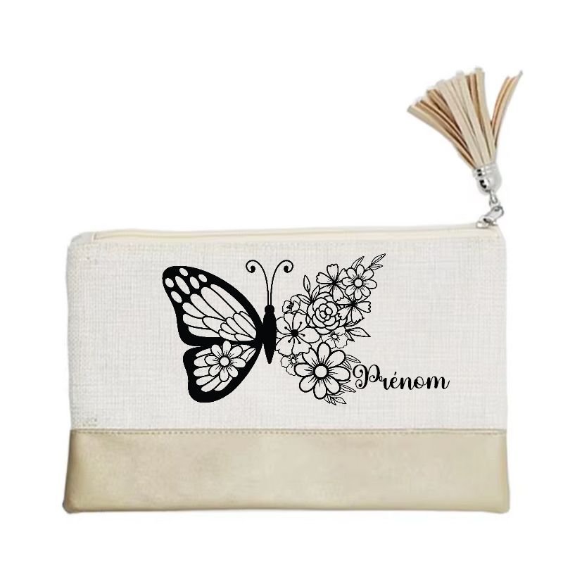Pochette personnalisée motif papillon black en toile et simili cuir personnalisée