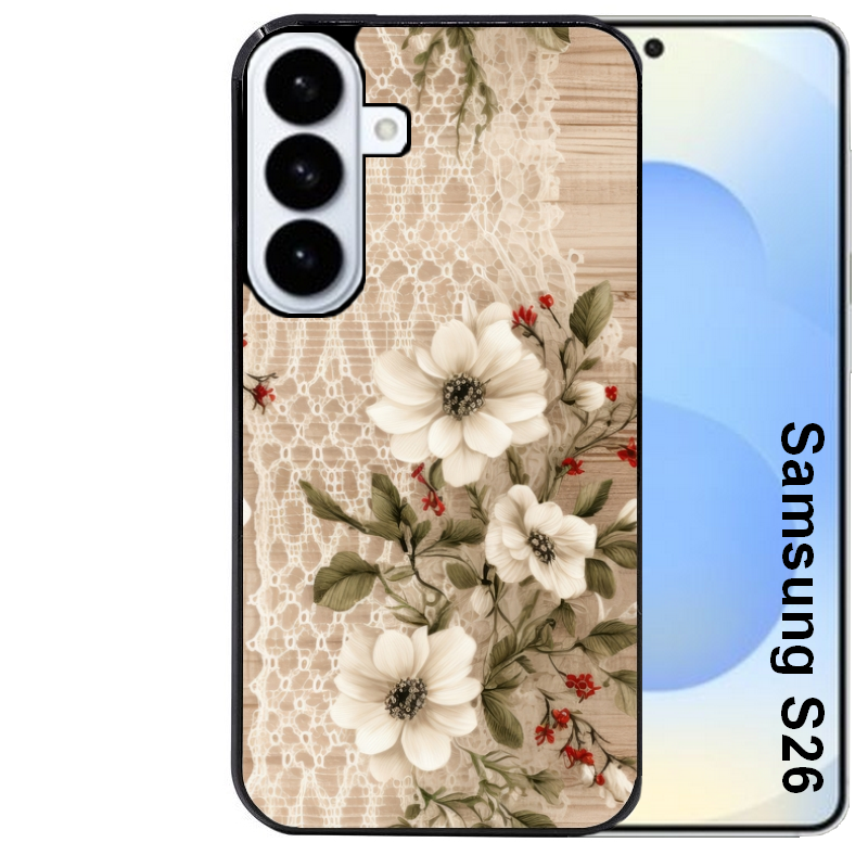Coque noire taperso pour galaxy S26 et PLUS ULTRA FE avec motif bois et dentelle 2 protection antichoc personnalisée