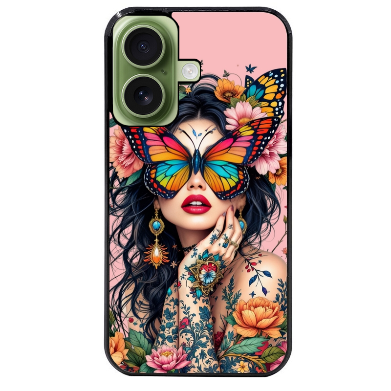 Coque noire taperso pour Iphone 16 16E PLUS MAX PRO avec motif femme papillon protection antichoc personnalisée
