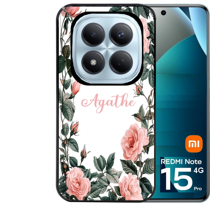 Coque noire taperso pour Redmi Note 15 et PRO PLUS 4G 5G avec motif cadre fleur pastel personnalisee protection antichoc personnalisée