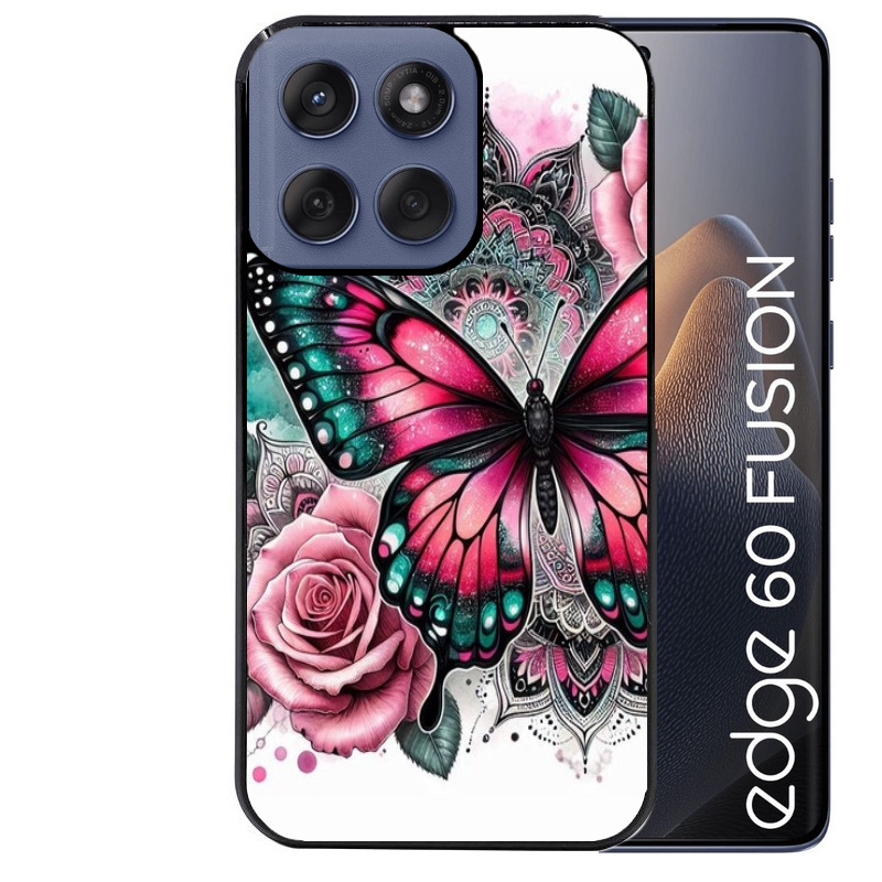 Coque noire taperso pour Moto Edge 60 et Neo Fusion Pro avec motif papillon rose protection antichoc personnalisée