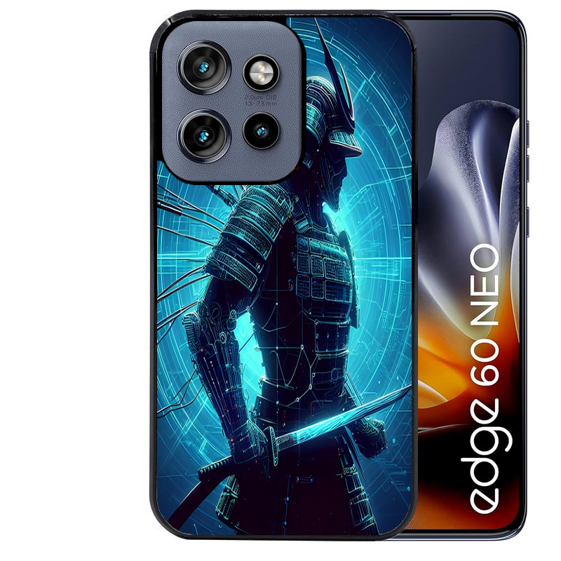 Coque noire taperso pour Moto Edge 60 et Neo Fusion Pro avec motif samourai bleu protection antichoc personnalisée