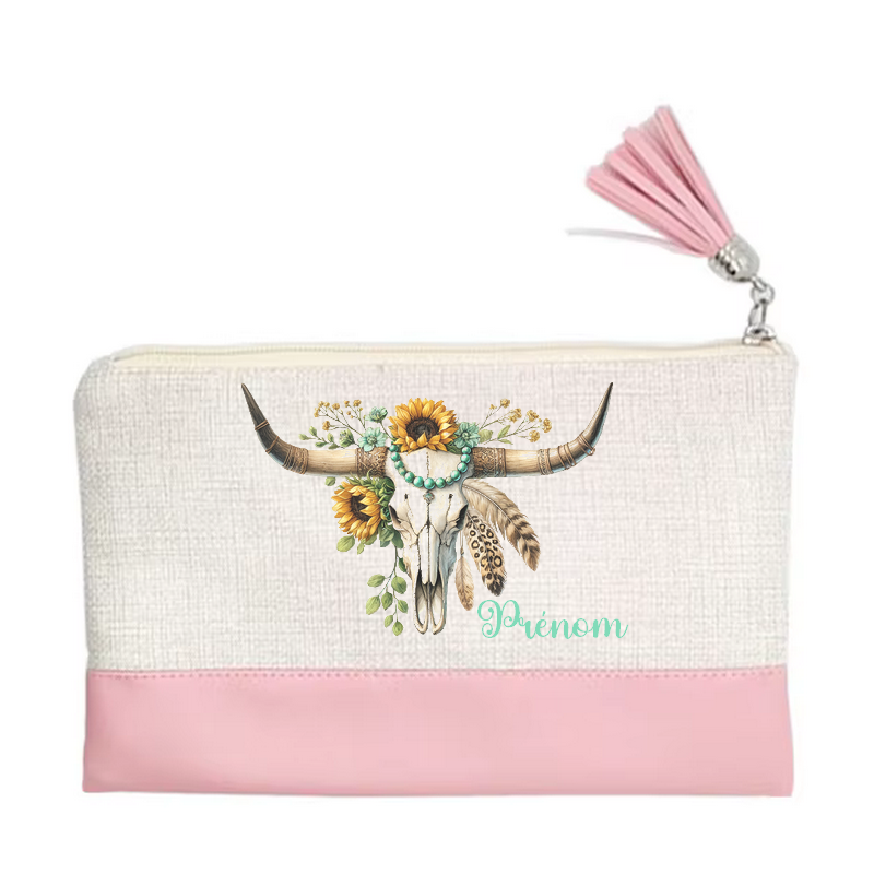 Pochette personnalisée motif skull bull plume en toile et simili cuir personnalisée