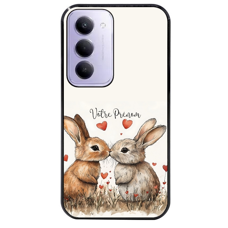 Coque noire taperso pour Redmi 15 4G et 5G avec motif lapin coeur avec prenom protection antichoc personnalisée