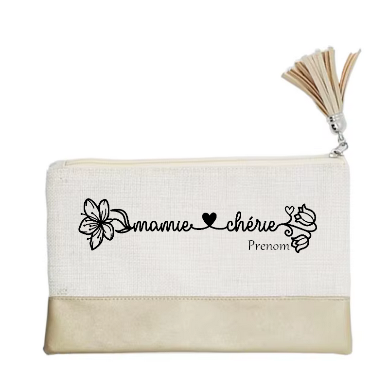 Pochette personnalisée motif mamie cherie en toile et simili cuir personnalisée