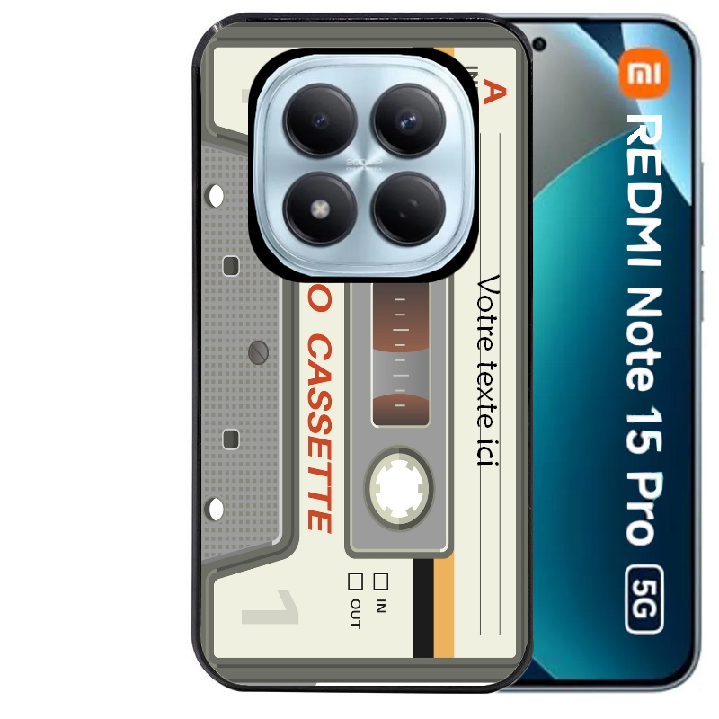 Coque noire taperso pour Redmi Note 15 et PRO PLUS 4G 5G avec motif cassette grise personnalisable protection antichoc personnalisée