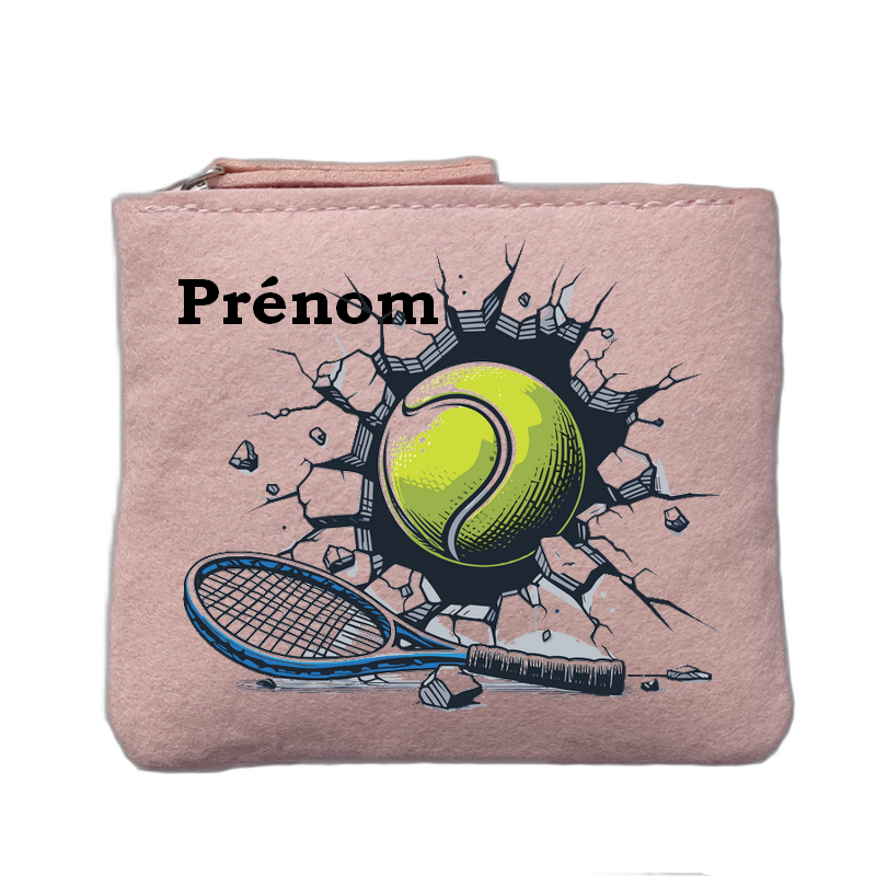 Porte monnaie personnalisé motif tennis balle rose clair en feutrine en feutrine
