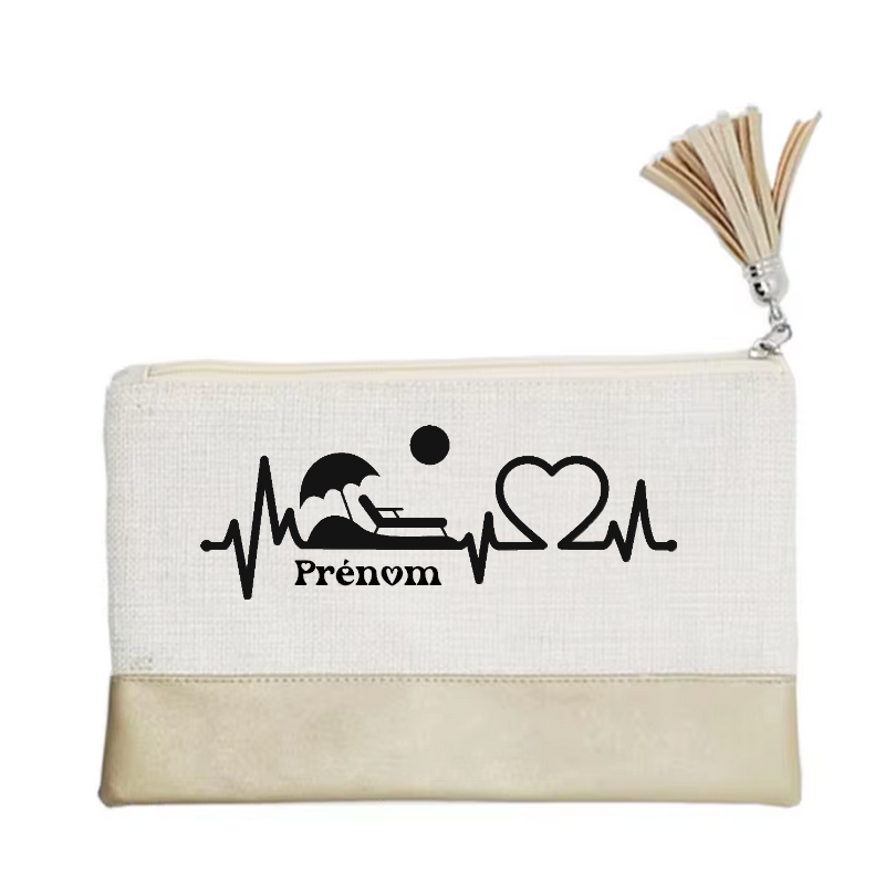 Pochette personnalisée motif plage vacances en toile et simili cuir personnalisée