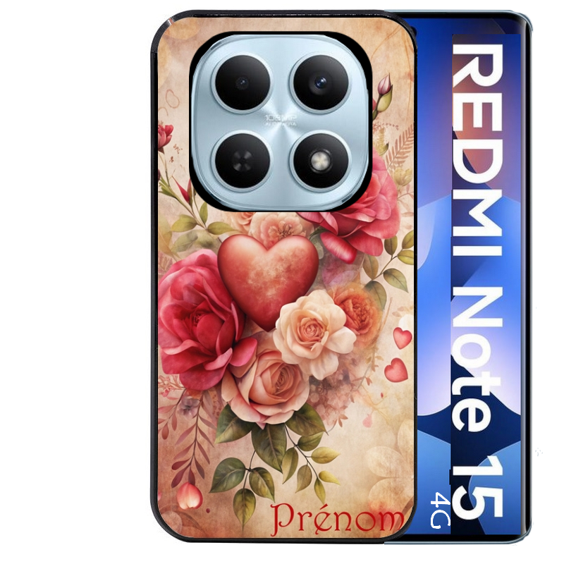 Coque noire taperso pour Redmi Note 15 et PRO PLUS 4G 5G avec motif coeur et fleur personnalisee protection antichoc personnalisée