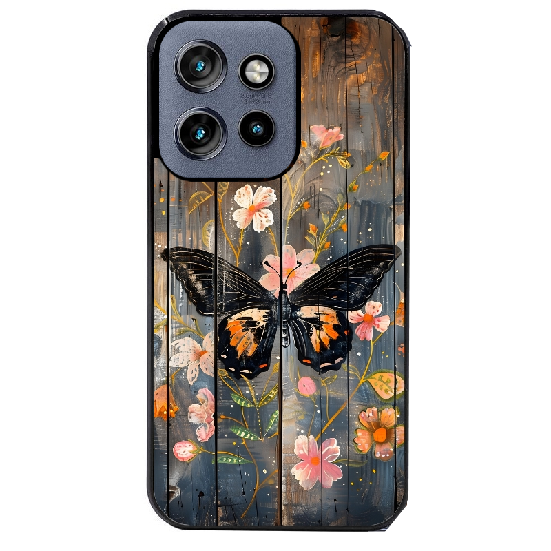 Coque noire taperso pour Moto Edge 60 et Neo Fusion Pro avec motif bois et papillon 2 protection antichoc personnalisée