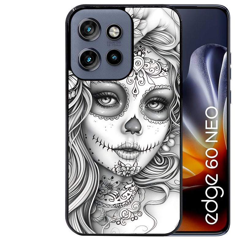 Coque noire taperso pour Moto Edge 60 et Neo Fusion Pro avec motif mort calavera tatoo protection antichoc personnalisée