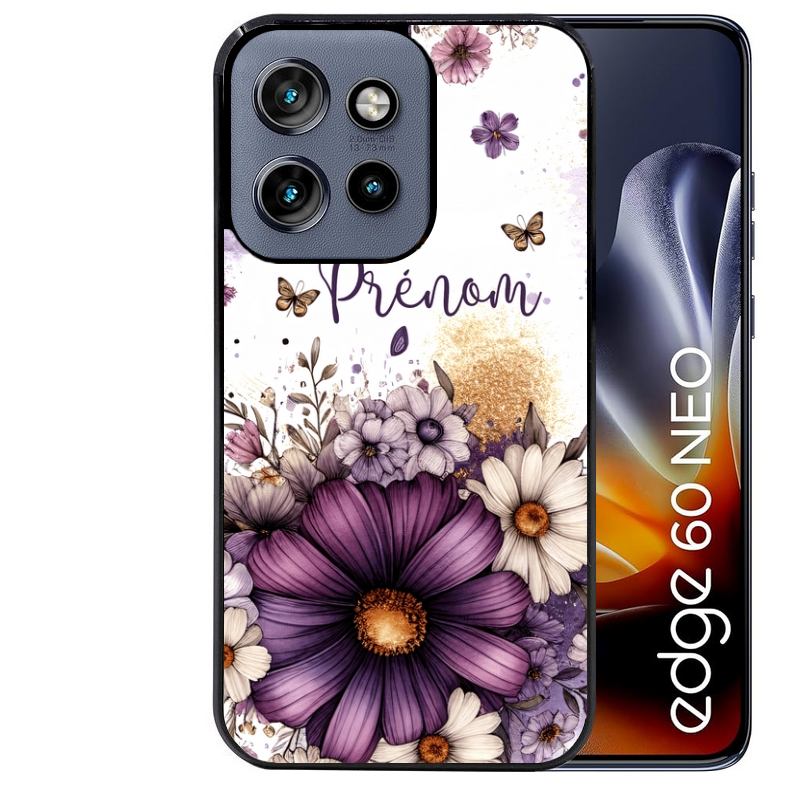 Coque noire taperso pour Moto Edge 60 et Neo Fusion Pro avec motif fleur violette personnalisee protection antichoc personnalisée