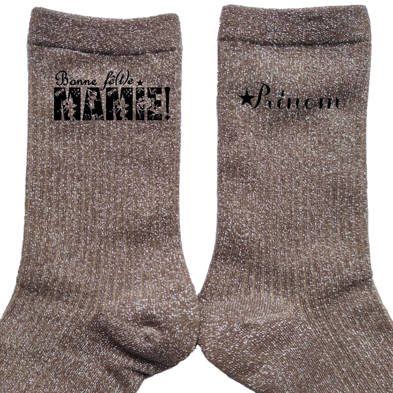 Chaussettes personnalisée paillettes bronze motif bonne fëte mamie