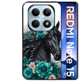 Coque noire taperso pour Redmi Note 15 et PRO PLUS 4G 5G avec motif cheval et fleurs personnalisee protection antichoc personnalisée