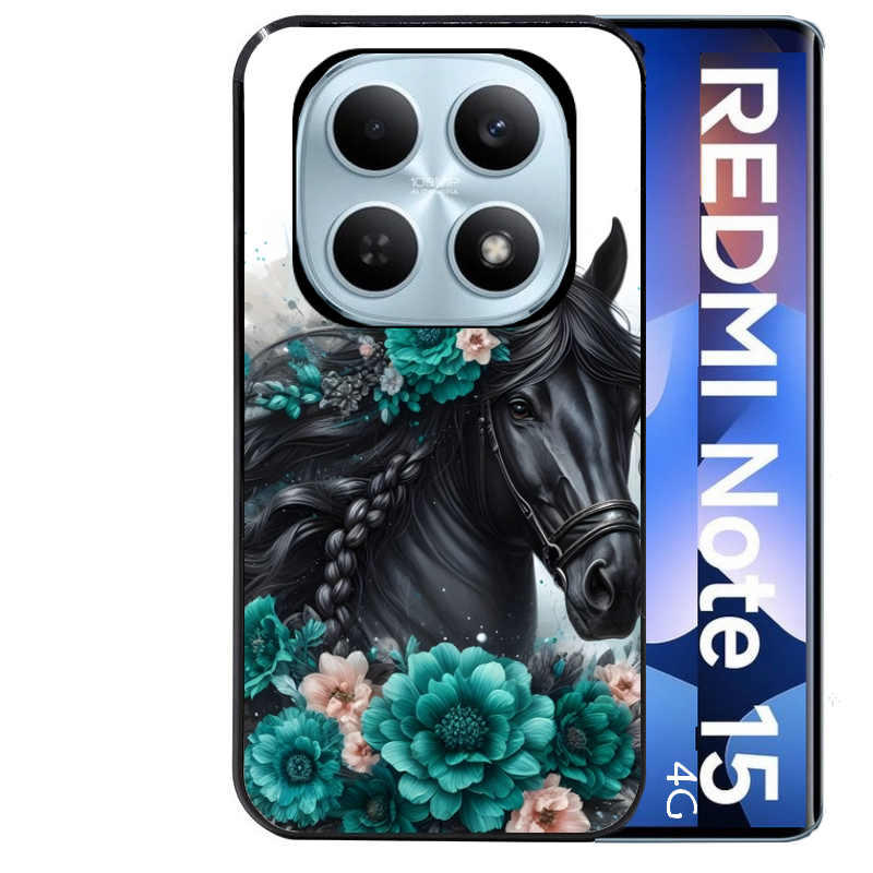 Coque noire taperso pour Redmi Note 15 et PRO PLUS 4G 5G avec motif cheval et fleurs personnalisee protection antichoc personnalisée