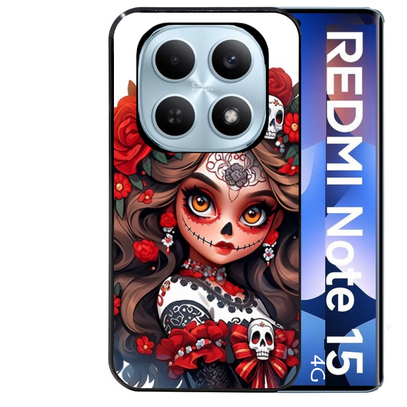 Coque noire taperso pour Redmi Note 15 et PRO PLUS 4G 5G avec motif tete de mort calavera rouge protection antichoc personnalisée