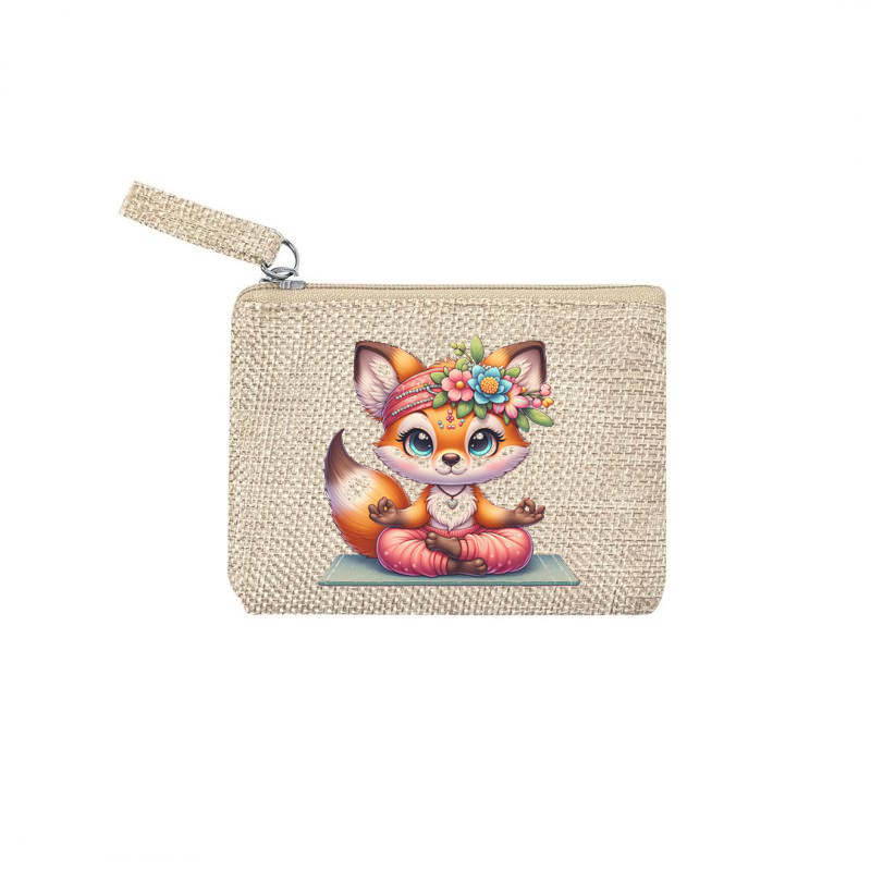 Pochette personnalisée motif fox renard yoga en toile et simili cuir personnalisée