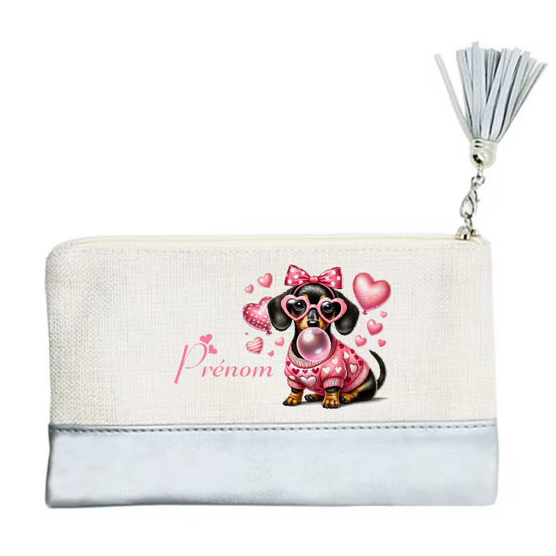 Pochette personnalisée motif chien bubble en toile et simili cuir personnalisée