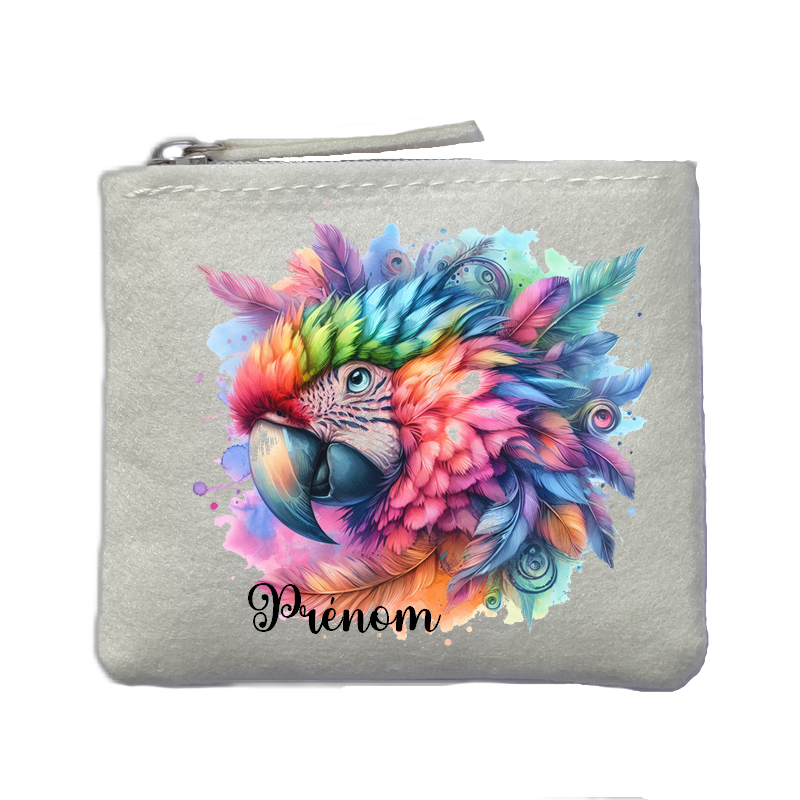 Porte monnaie personnalisé perroquet color ivoire en feutrine en feutrine ivoire