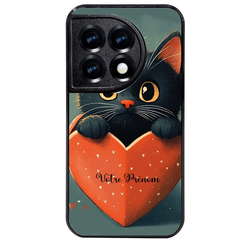Coque noire taperso pour OnePlus 11 et 12 avec motif chat et coeur avec prenom protection antichoc personnalisée