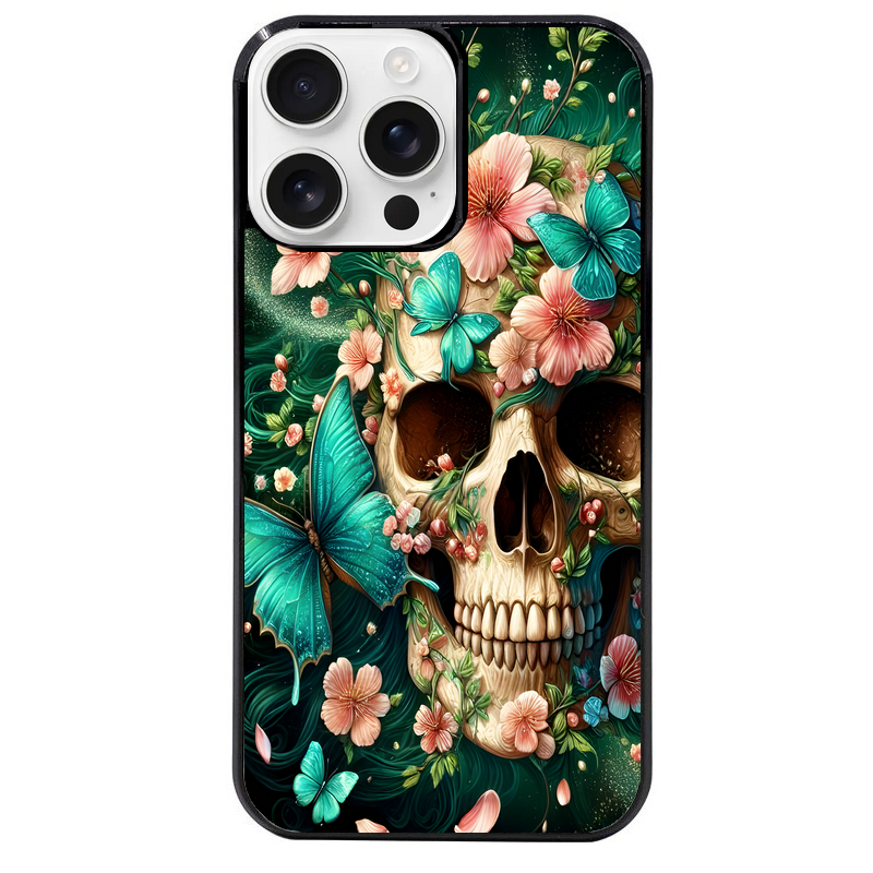 Coque noire taperso pour Iphone 16 16E PLUS MAX PRO avec motif tete de mort skull printemps protection antichoc personnalisée