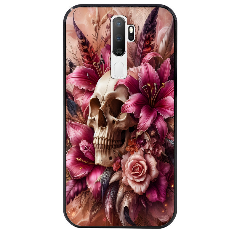 Coque noire taperso pour OPPO A5 A9 2020 avec motif tete de mort skull plume protection antichoc personnalisée