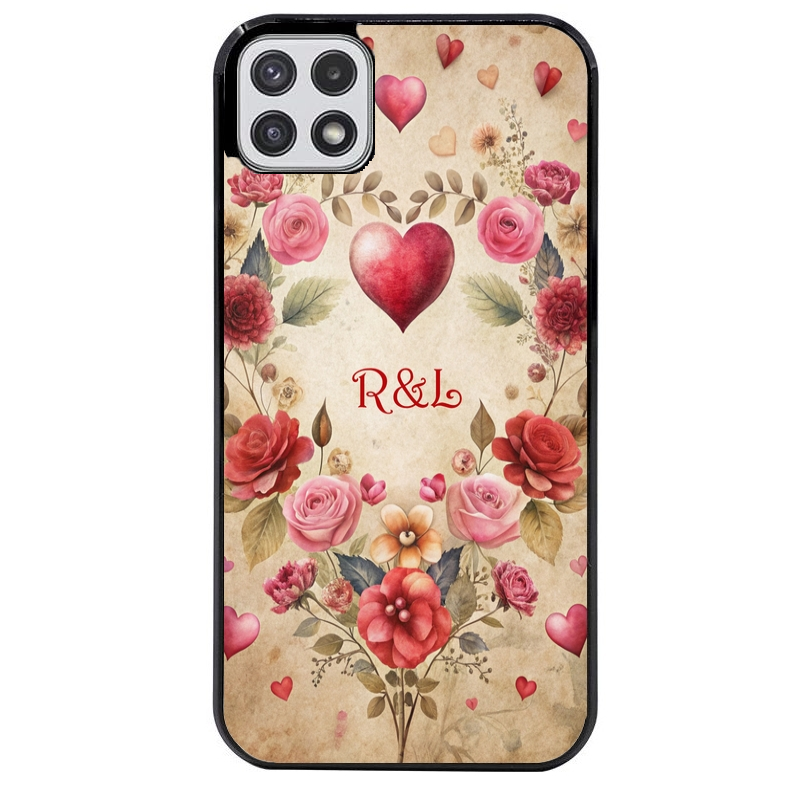Coque noire taperso pour galaxy A22 A32 A52 A52S 4G 5G  avec motif coeur vintage et initiales personnalisee protection antichoc personnalisée