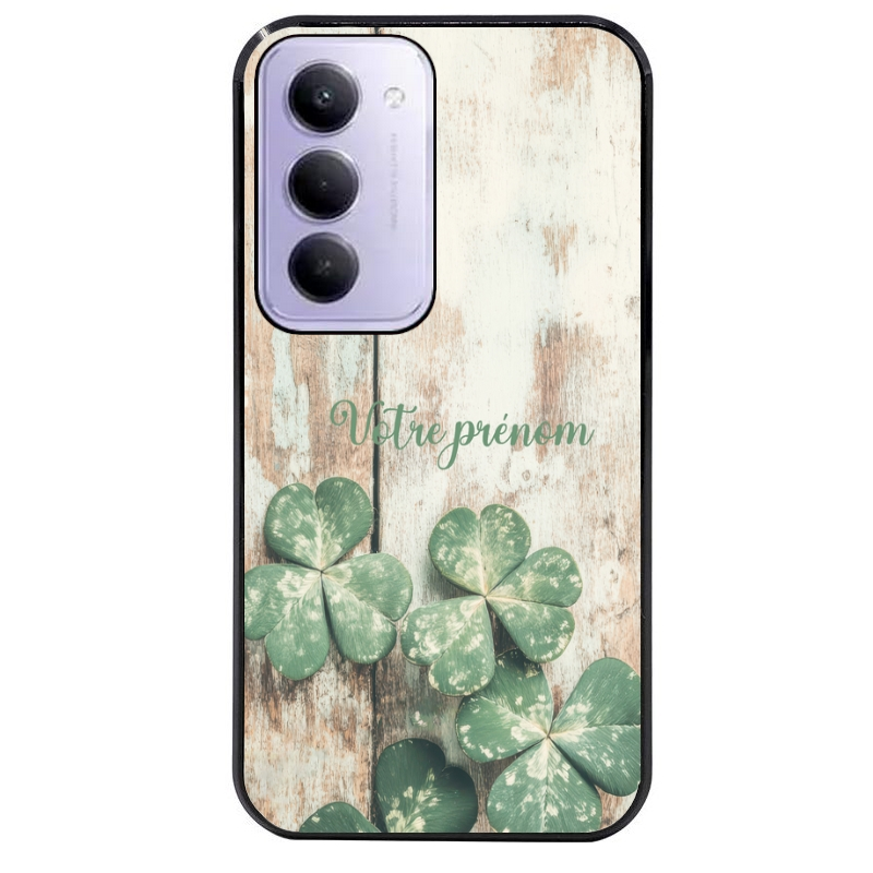 Coque noire taperso pour Redmi 15 4G et 5G avec motif bois et trefle personnalisee protection antichoc personnalisée