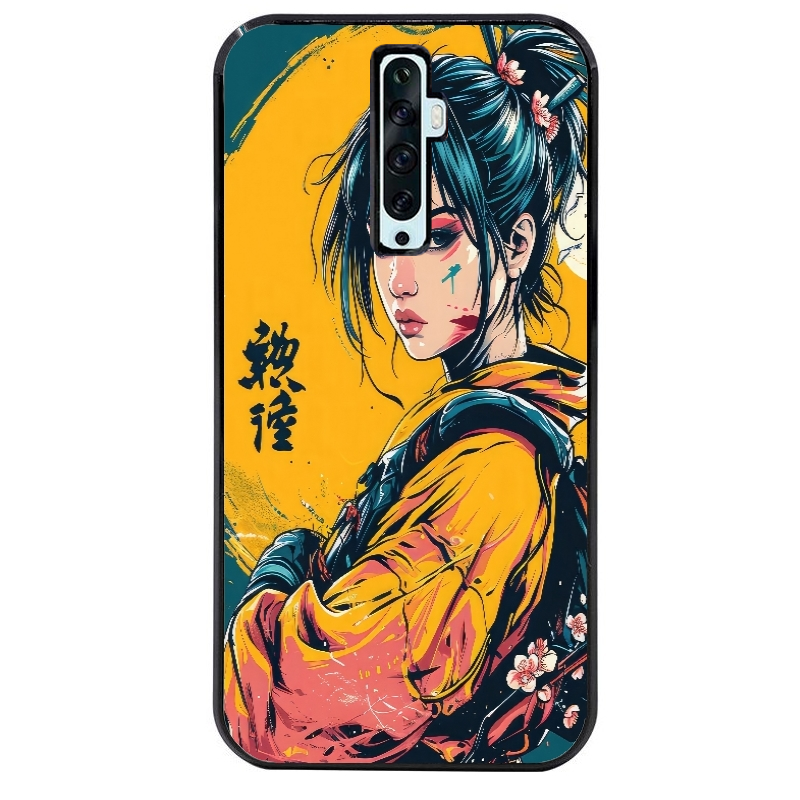 Coque noire taperso pour OPPO Reno 2 et 2Z avec motif samourai girl anime protection antichoc personnalisée