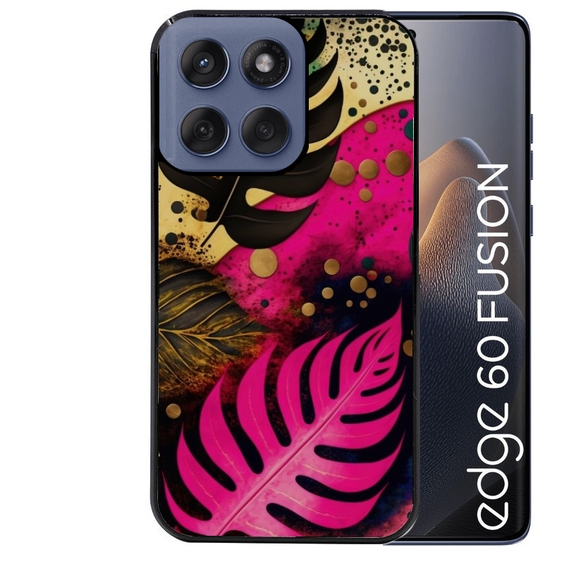 Coque noire taperso pour Moto Edge 60 et Neo Fusion Pro avec motif tropical rose et des fleurs protection antichoc personnalisée