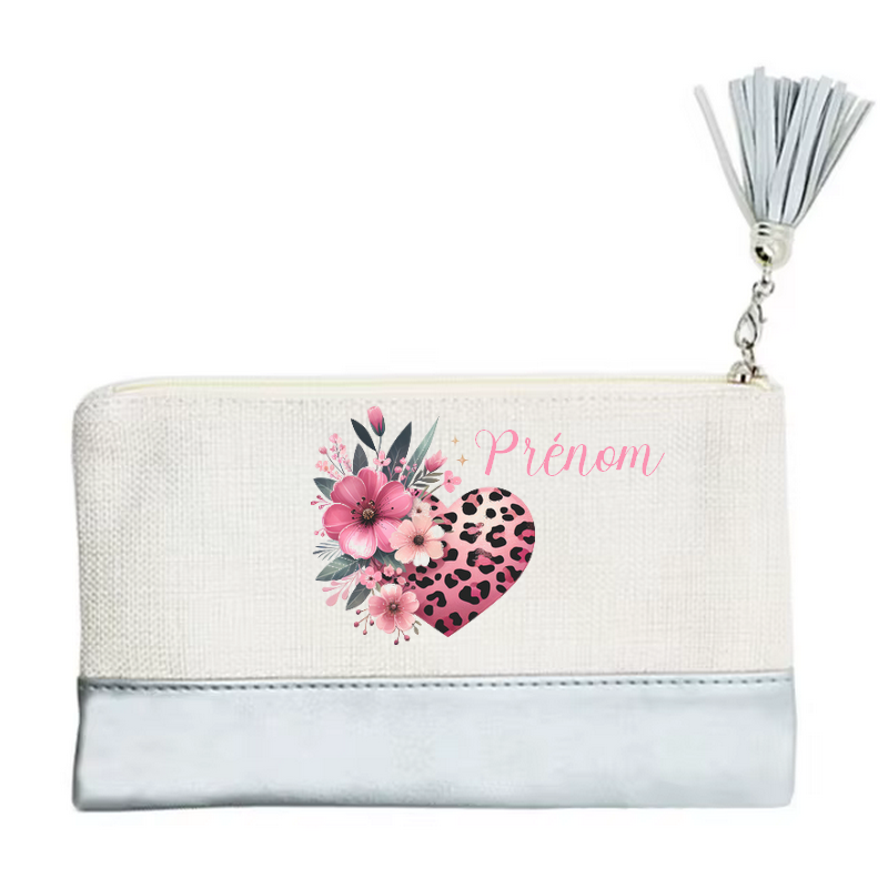 Pochette personnalisée motif cœur leopard en toile et simili cuir personnalisée