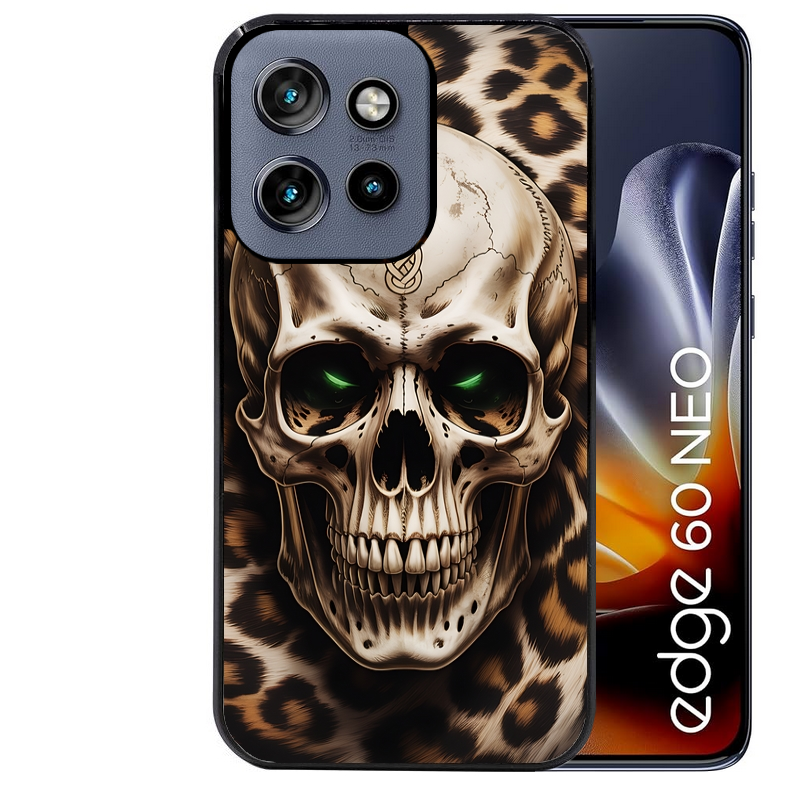 Coque noire taperso pour Moto Edge 60 et Neo Fusion Pro avec motif tete de mort leopard protection antichoc personnalisée