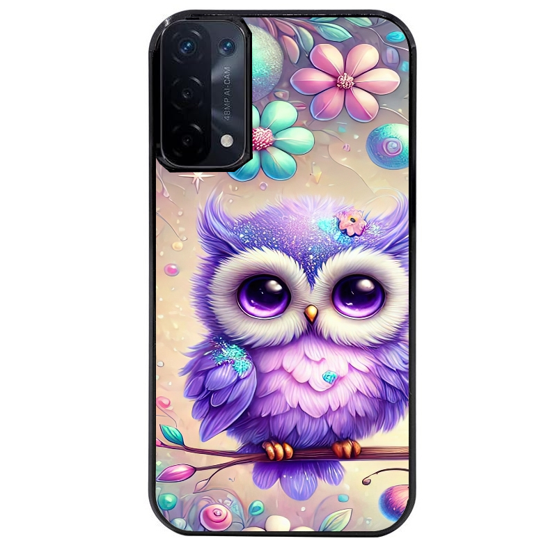 Coque noire taperso pour OPPO A54 et A74 5G avec motif chouette violette protection antichoc personnalisée