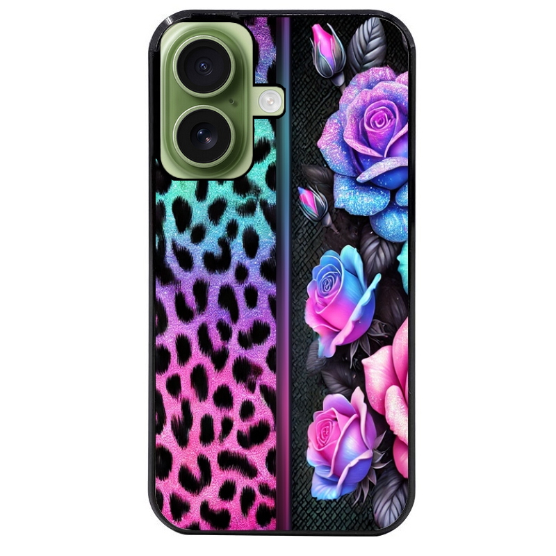 Coque noire taperso pour Iphone 16 16E PLUS MAX PRO avec motif leopard et fleur protection antichoc personnalisée