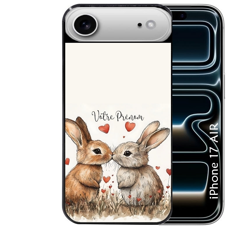 Coque noire taperso pour Iphone 17 17E AIR MAX PRO avec motif lapin coeur avec prenom protection antichoc personnalisée