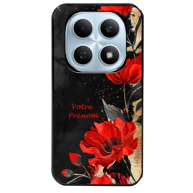 Coque noire taperso pour POCO M8 5G et PRO 5G avec motif fleur rouge avec prenom protection antichoc personnalisée