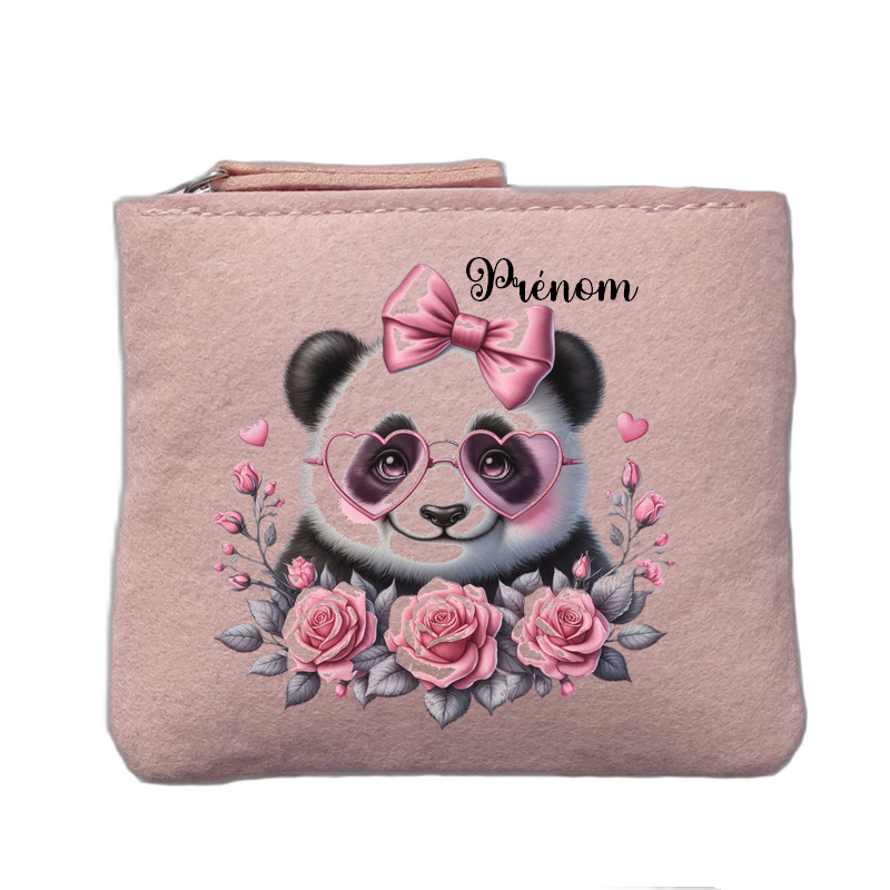 Porte monnaie personnalisé motif panda noeud rose clair en feutrine en feutrine