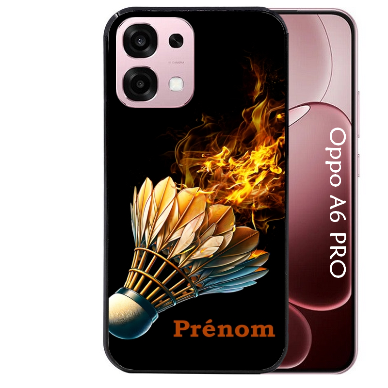 Coque noire taperso pour OPPO A6 PRO 4G et 5G avec motif badminton flamme personnalise protection antichoc personnalisée