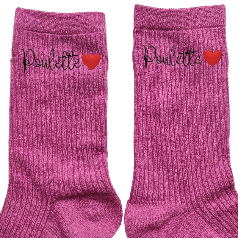 Chaussettes paillettes rose motif poulette