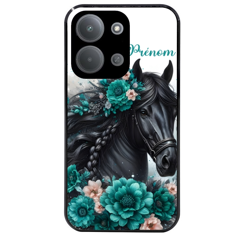 Coque noire taperso pour POCO C85 avec motif cheval et fleurs personnalisee protection antichoc personnalisée