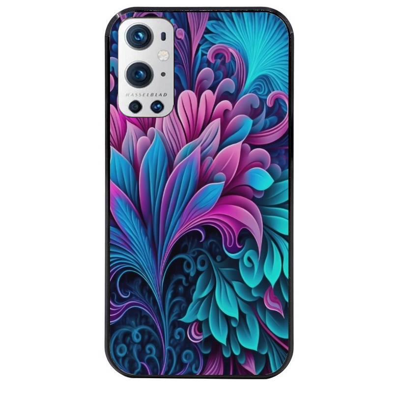 Coque noire taperso pour OnePlus 9 et 9 PRO avec motif tropical violet et des fleurs protection antichoc personnalisée