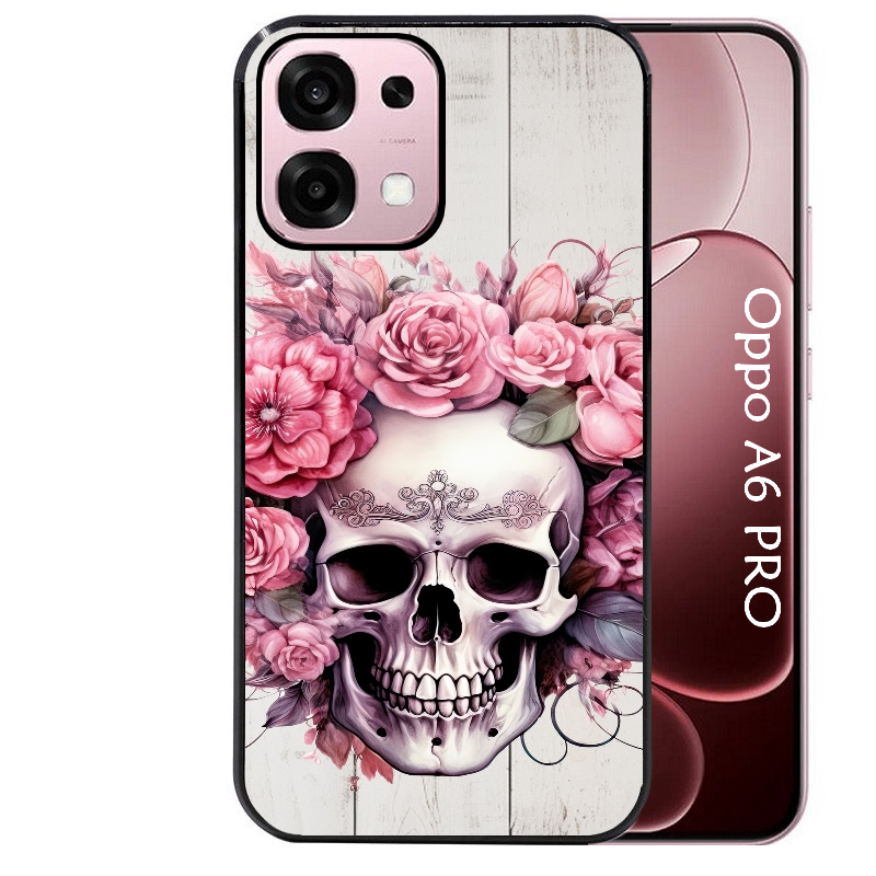 Coque noire taperso pour OPPO A6 PRO 4G et 5G avec motif tete de mort floral protection antichoc personnalisée