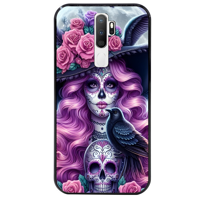 Coque noire taperso pour OPPO A5 A9 2020 avec motif tete de mort calavera et corbeau protection antichoc personnalisée