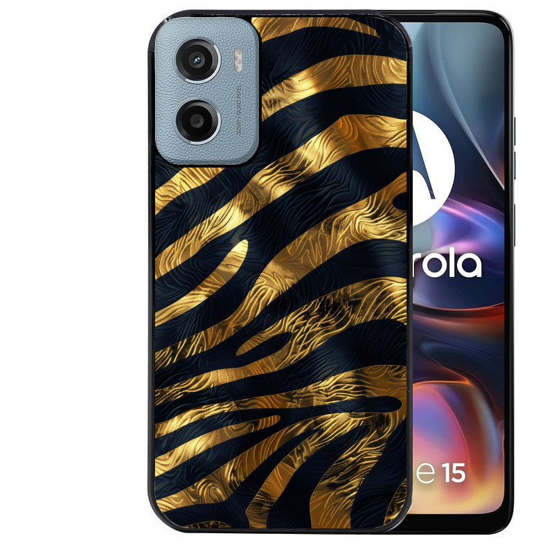Coque noire taperso pour Moto E13 E14 E15 avec motif zebre gold protection antichoc personnalisée