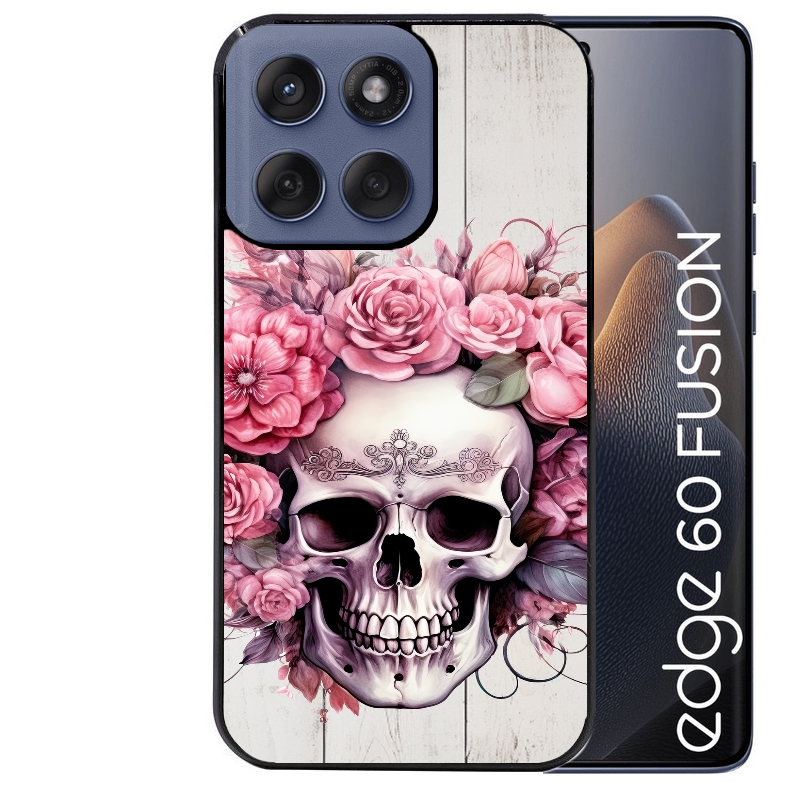 Coque noire taperso pour Moto Edge 60 et Neo Fusion Pro avec motif tete de mort floral protection antichoc personnalisée
