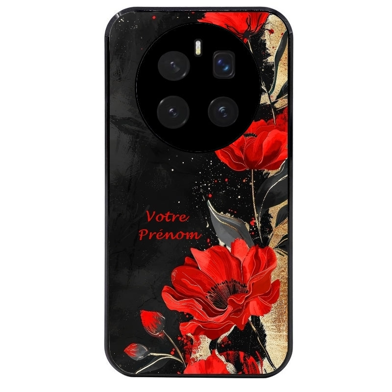 Coque noire taperso pour Magic 7 LITE et PRO avec motif fleur rouge avec prenom protection antichoc personnalisée