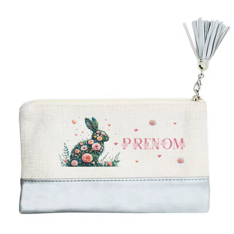 Pochette personnalisée motif lapin fleur en toile et simili cuir personnalisée