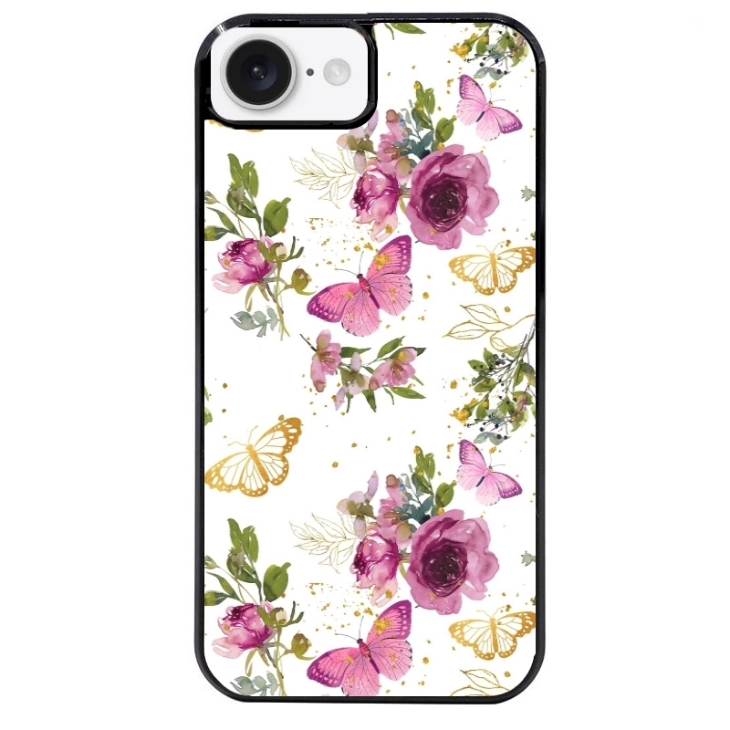 Coque noire taperso pour Iphone 16 16E PLUS MAX PRO avec motif fleur et papillon protection antichoc personnalisée