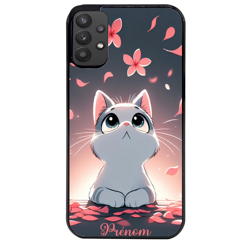 Coque noire taperso pour galaxy A22 A32 A52 A52S 4G 5G  avec motif chat anime avec votre prenom protection antichoc personnalisée